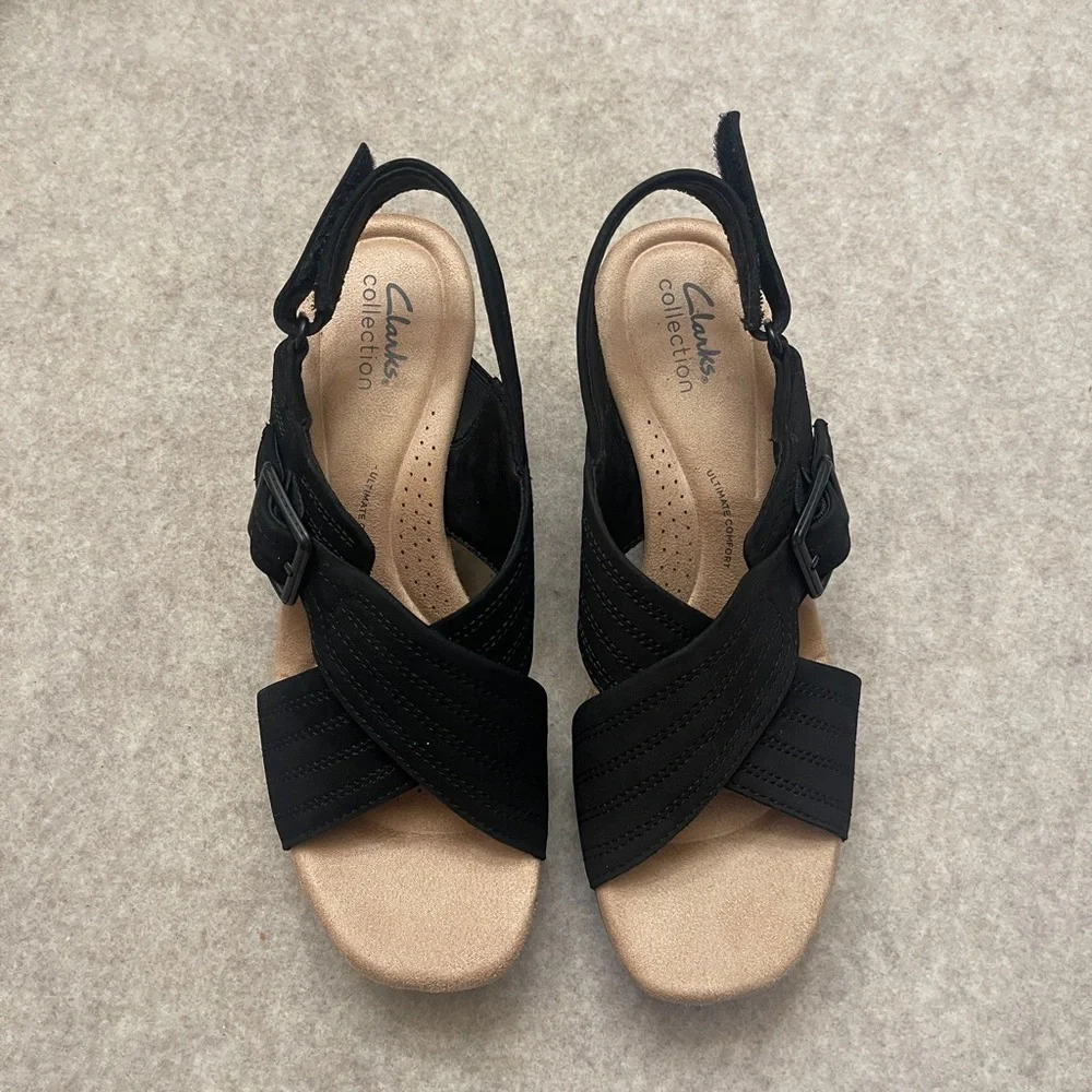 Clark’s Collection Nerisa West Black Cork Platform Heel Sandals Women’s Size 8.5